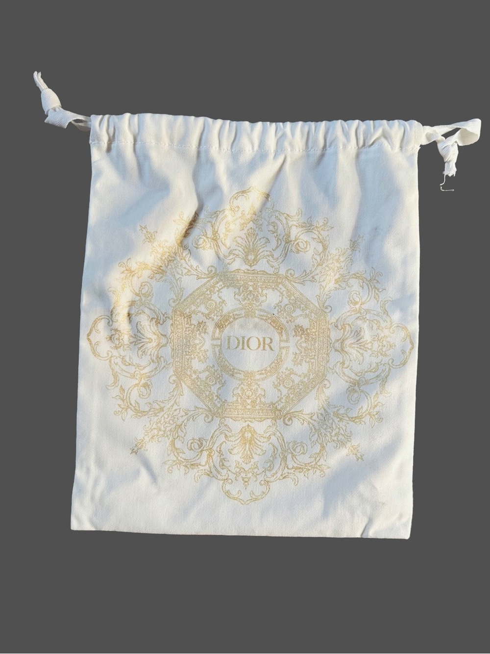 Dior White Drawstring Pouch with Gold Filigree Logo